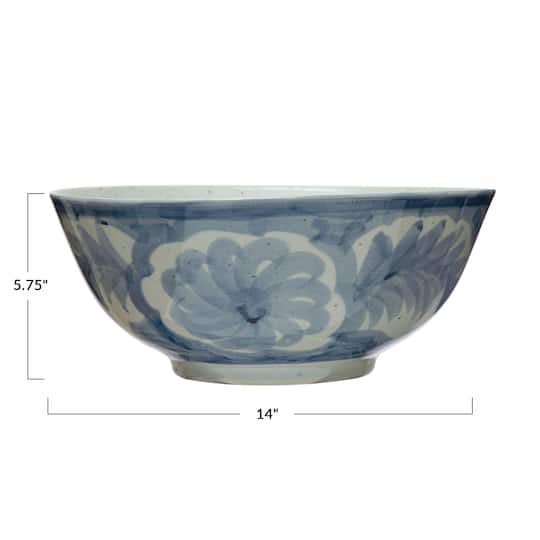 Hello Honey® 14" Blue & White Hand Painted Stoneware Bowl with Floral Design